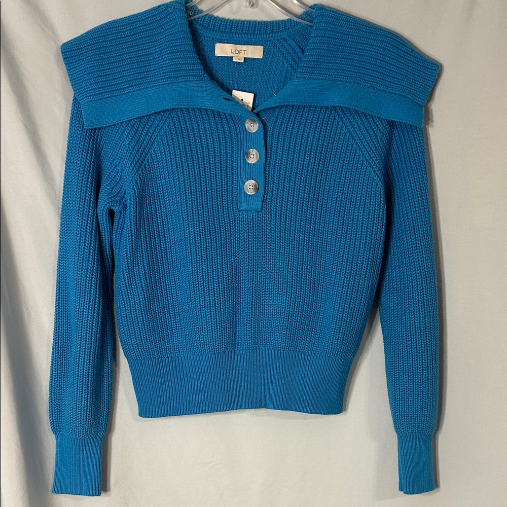 LOFT Blue V-Neck Sweater with Button Detail